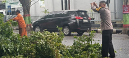 Polsek Nganjuk Kota Bersama BPBD Evakuasi Pohon Tumbang Akibat Cuaca Ekstrem