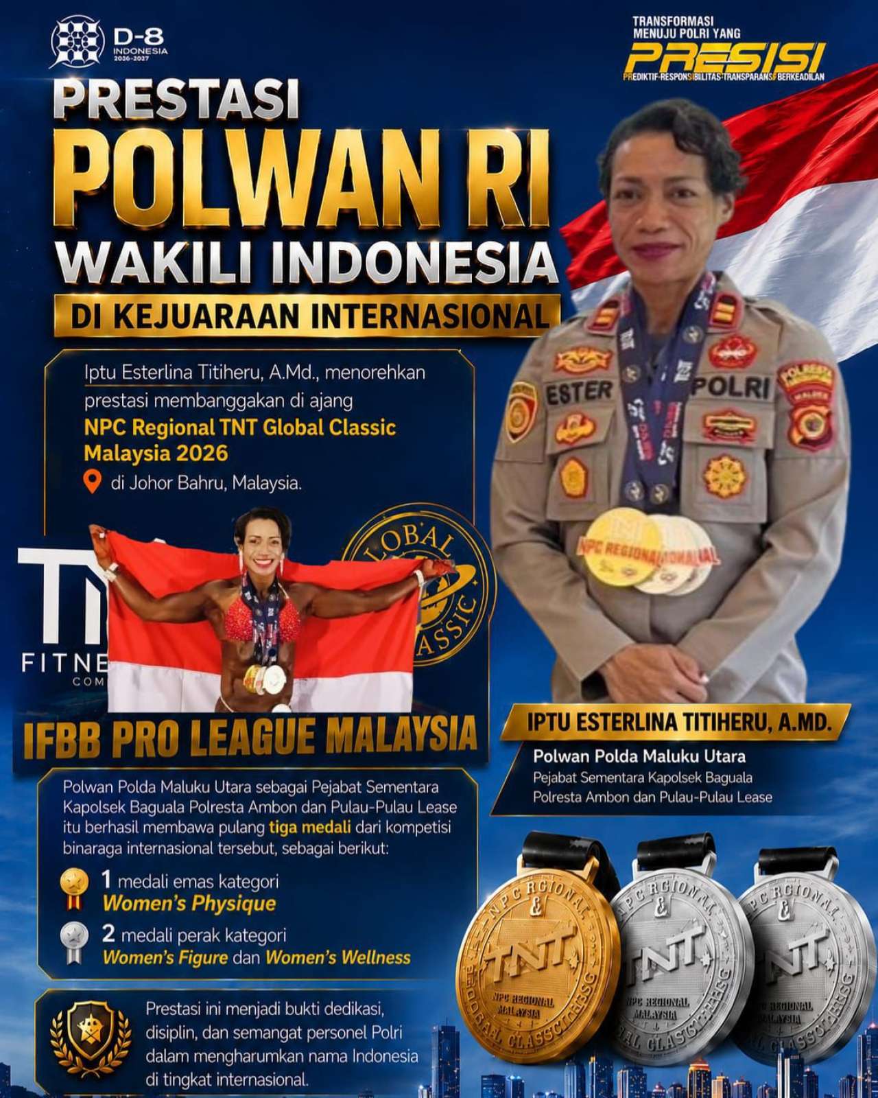 Prestasi Polwan RI Wakili Indonesia di Kejuaraan Binaraga Internasional di Malaysia 2026