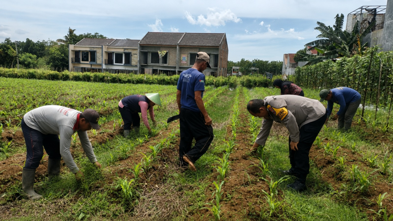 Optimalkan Hasil Panen Jagung, Pak Bhabin Bersama Kelompok Tani Monitoring dan Perawatan Tanaman 
