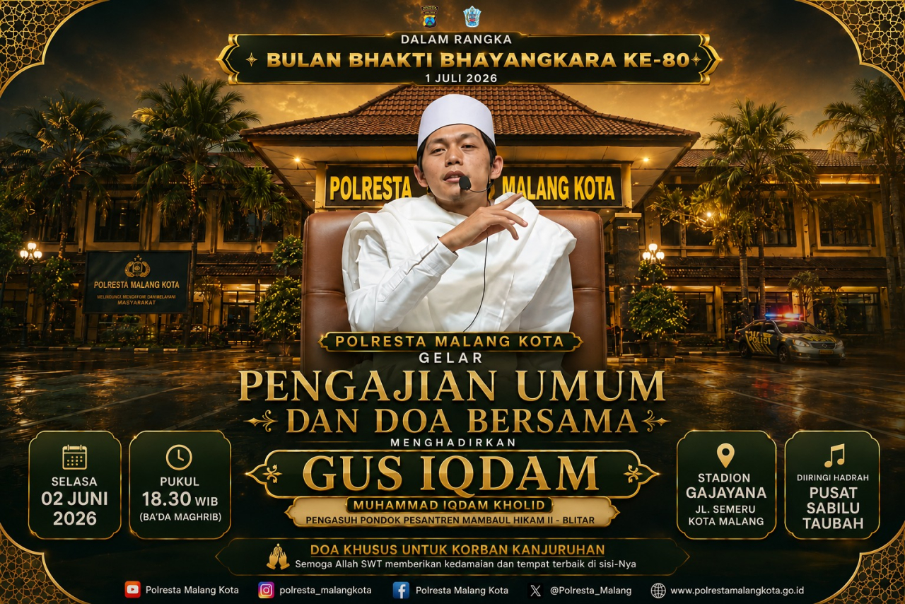 Sambut Bulan Bhakti Bhayangkara ke-80, Polresta Malang Kota Hadirkan Gus Iqdam Doa Bersama dan Pengajian Umum