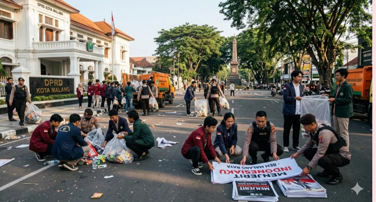 Rutam Nuwus Aksi Damai BEM Malang Raya Berjalan Lancar, Polisi dan Mahasiswa Bersih-Bersih Usai Orasi