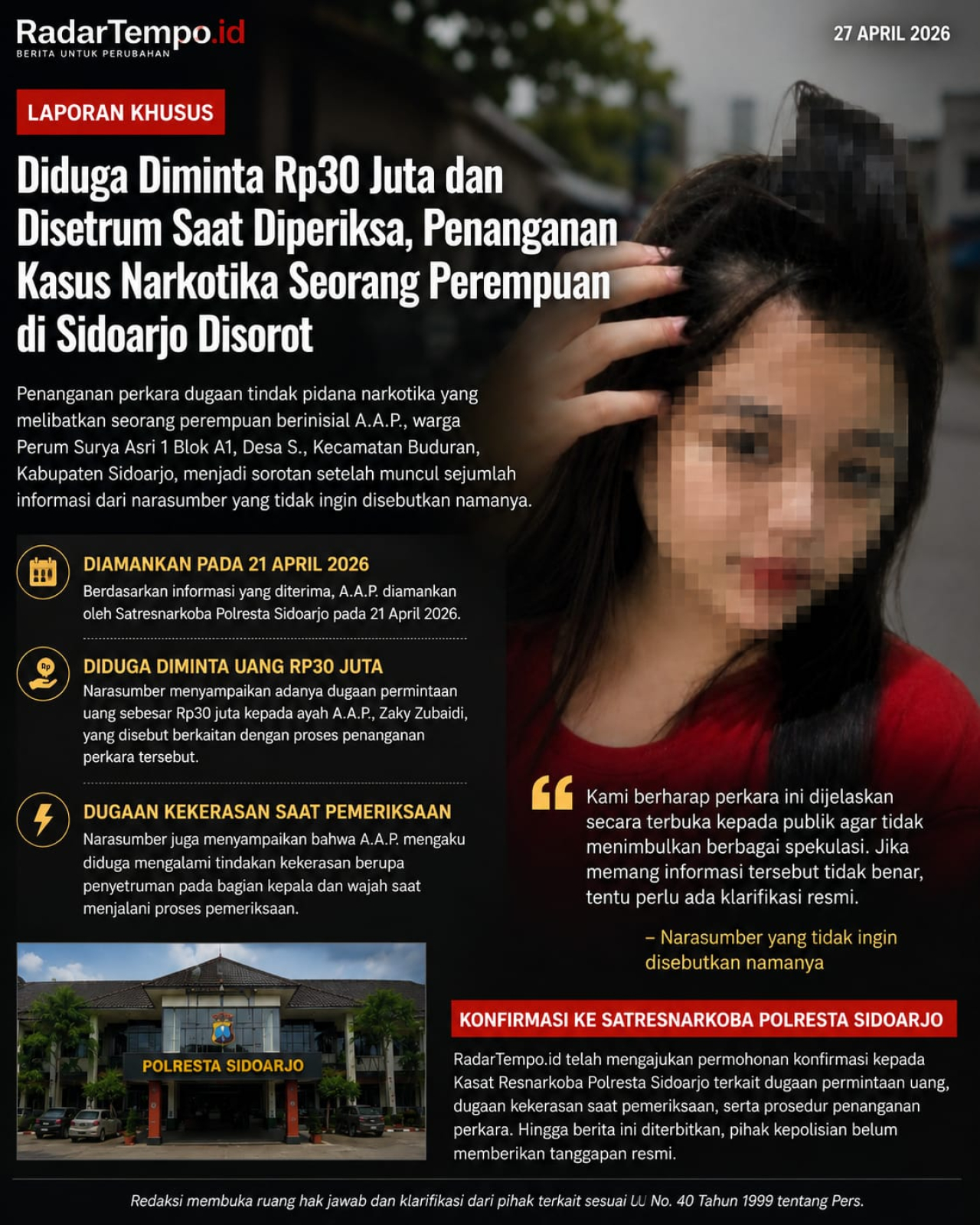 Diduga Ada Permintaan Rp30 Juta dan Kekerasan Saat Pemeriksaan, Penanganan Kasus Narkotika Seorang Gadis di Sidoarjo